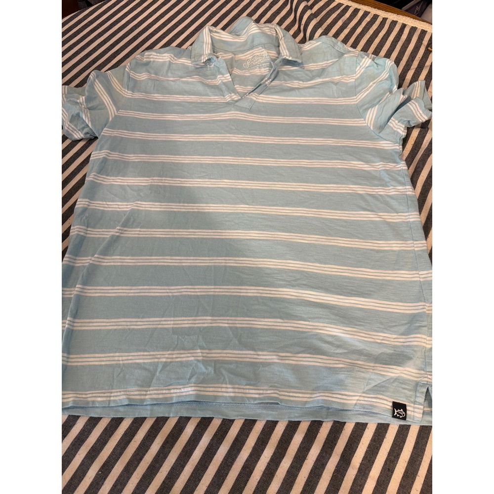 Southern Tide Sunfarer Collection Mens Medium Blue White Striped V-Neck Polo